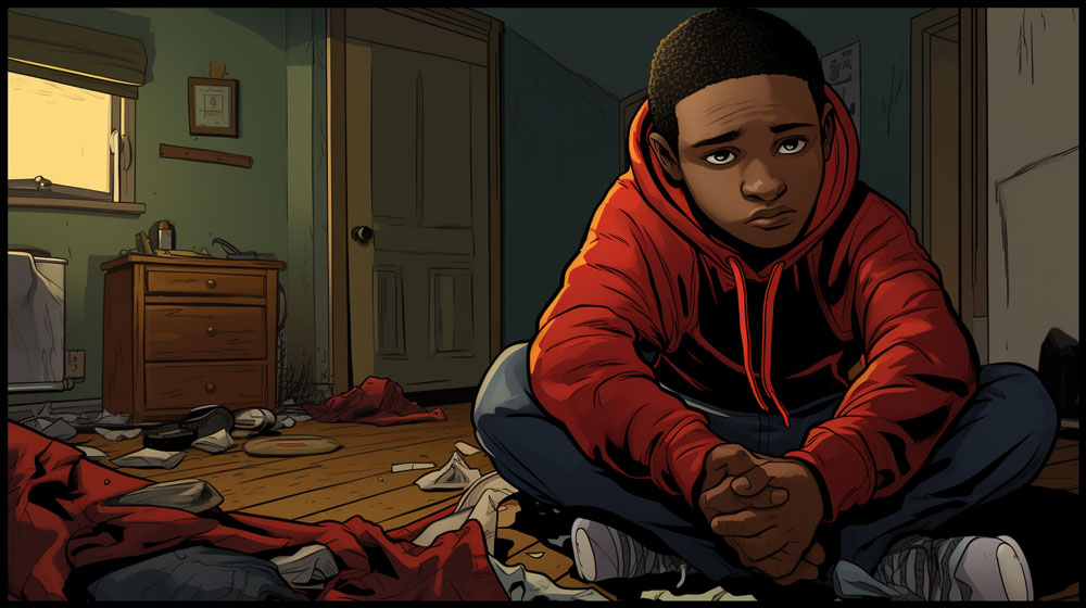 A photo of a young black american sitting on the floor in a dirty, worn-down kitchen